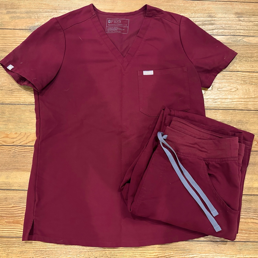 Figs Burgundy color Scrub Set with V-Neck Top and Pants